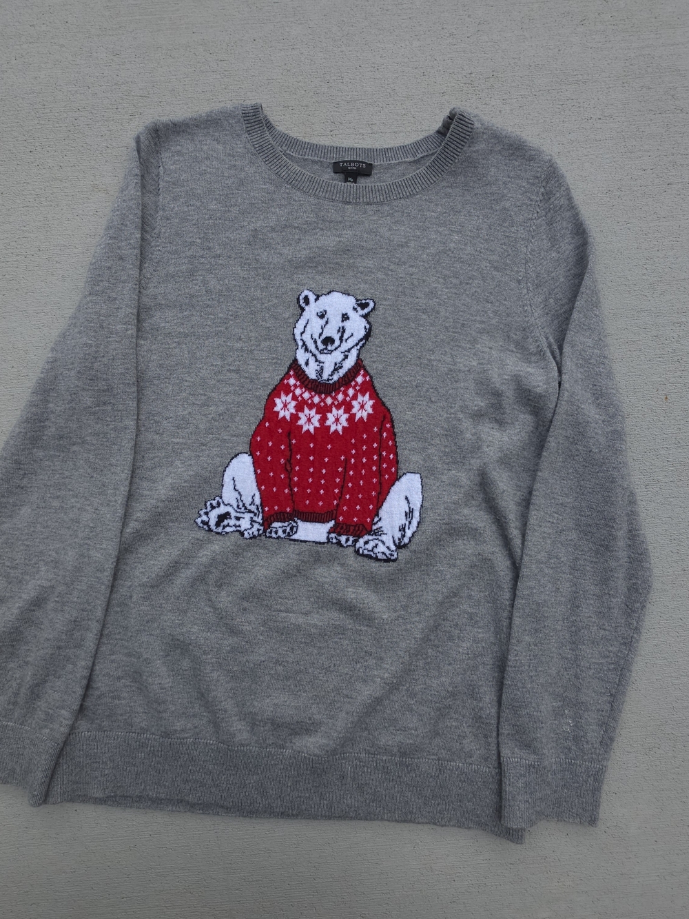 Talbots Sweater Womens Petite Medium Lambswool Pullover Polar Bear Print Grey